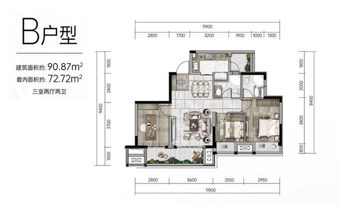 荣安九龙壹号建面90.87㎡