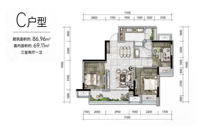 荣安九龙壹号建面86.96㎡