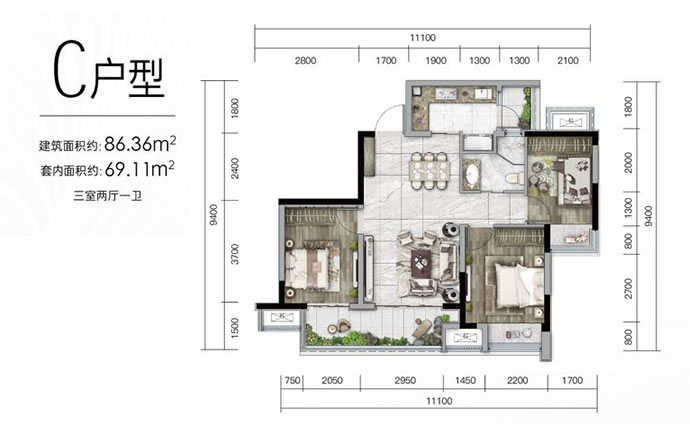 荣安九龙壹号建面86.36㎡